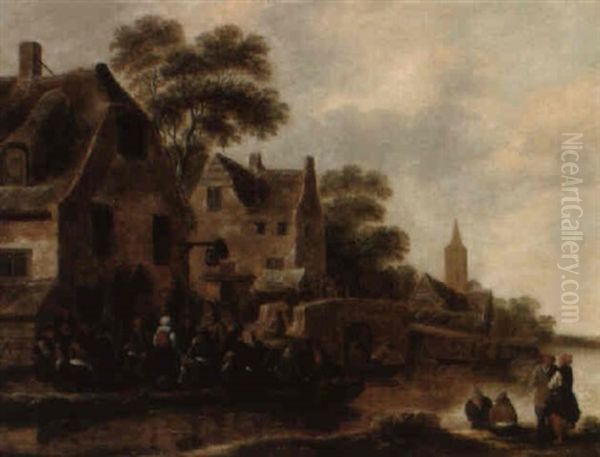 A River Landscape With Peasants Merrymaking At An Inn by Nicolaes Molenaer