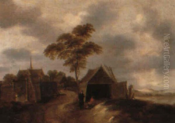 Landskap Med By. Tva Man I Samtal by Nicolaes Molenaer