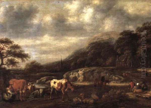 Wooded Landscape With A Dairy Maid Milking A Cow by Nicolaes Molenaer