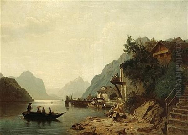 A View Of A Lake In A Mountainous Landscape With Numerous Figures On Shore And Figures In A Boat In The Foreground by Niels Bjornsen Moller