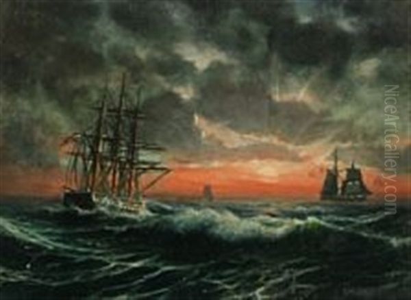 Seascape With Navy Ships At Drogden I Sunrise by Christian Ferdinand Andreas Molsted