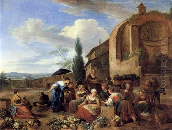 Gemusemarkt In Den Mauern Einer Italienischen Stadt by Hendrick Mommers