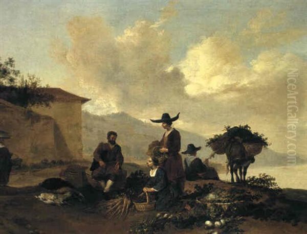 Peasants Gathering Vegetables In An Italianate Landscape by Hendrick Mommers