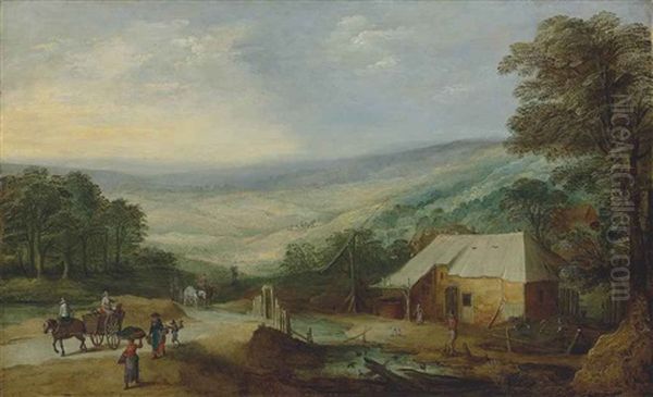 An Extensive Wooded Landscape With Figures And Horse-drawn Carts On A Track By A Cottage by Joos de Momper the Younger