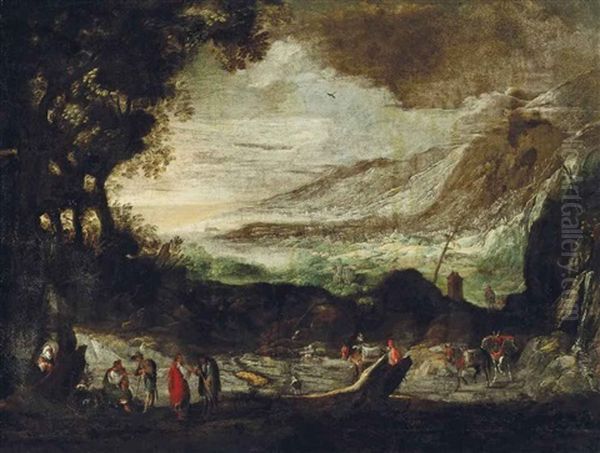 An Extensive Rocky Landscape With Travellers Conversing by Joos de Momper the Younger