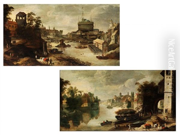 Stadtlandschaft Mit Fluss, Flussmauern, Hausern Und Kirche (+ Stadtlandschaft Mit Fluss, Flussmauern, Hausern Und Kirche; Pair) by Joos de Momper the Younger