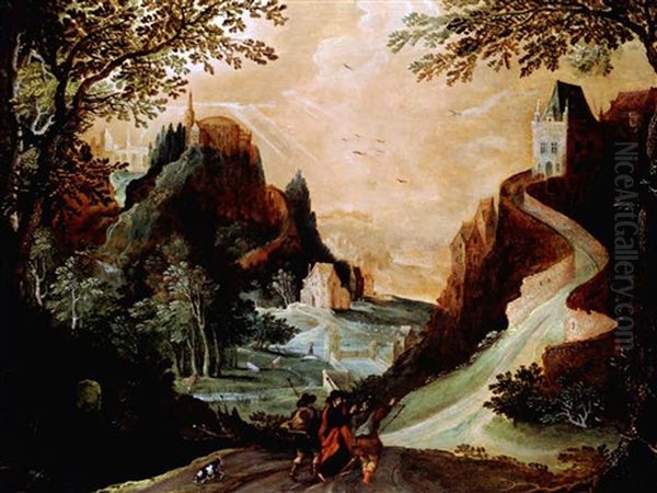 Drei Wanderer In Einer Schlucht Mit Schlossern Und Burgen by Joos de Momper the Younger