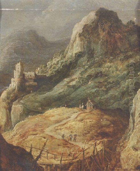 A Mountainous Landscape With Travellers By A Hut And A Shepherd In A Pasture by Joos de Momper the Younger