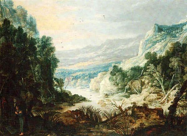 An Extensive River Landscape With A Hermit By A Shrine In The Foreground by Joos de Momper the Younger