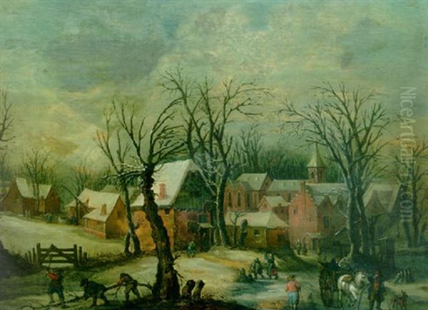 A View Of A Village In Winter With Woodgatherers At Work And Travellers With A Horse And Wagon On A Snowy Path by Joos de Momper the Younger