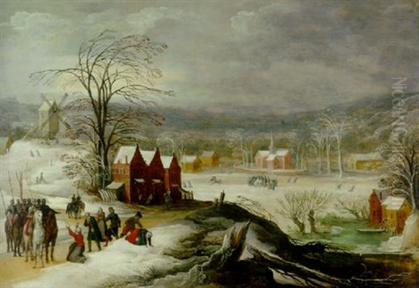 A Winter Landscape With Soldiers At A Village by Joos de Momper the Younger