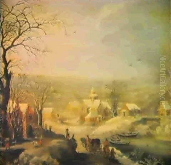 A Winter Landscape With A Town By A Frozen Waterway by Joos de Momper the Younger