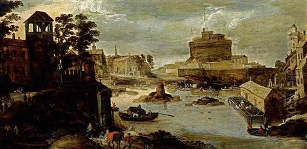 Rome: A View Of The Castel Sant'angelo, The Ponte D'angelo And The Tiber In The Foreground, With Figures And Horses In The Foreground And Boats On The River by Philips de Momper the Younger