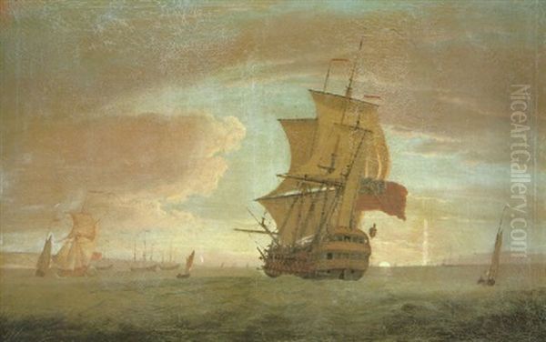 An English Three-masted Man O'war And Other Vessels Offshore, With A Sunset In The Distance by Peter Monamy