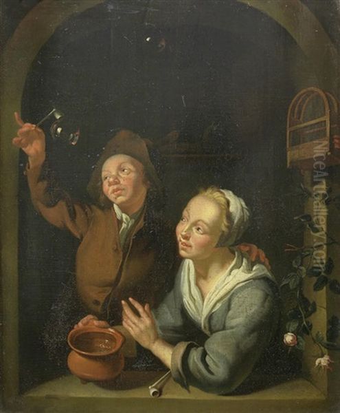 A Young Couple Blowing Bubbles At A Window by Louis de Moni