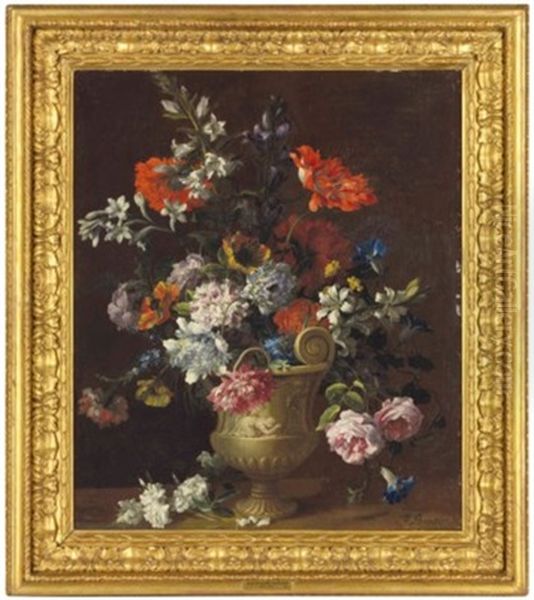 Carnations, Peonies And Other Flowers In A Sculpted Urn by Jean-Baptiste Monnoyer