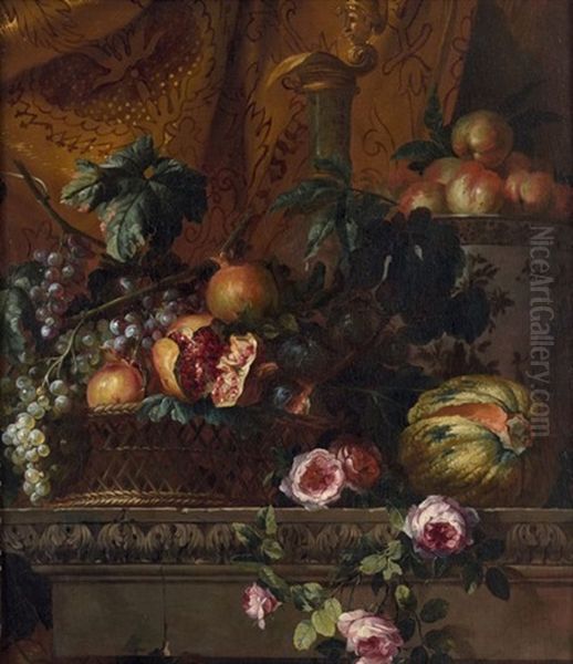 Panier De Grenades Et Raisins, Melon Et Roses Sur Un Entablement by Jean-Baptiste Monnoyer