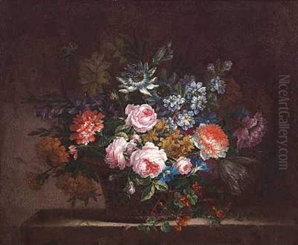 Blomsterstilleben, Kurve Med Brogede Buketter Pa Et Bord (+ Another, Similar; Pair) by Jean-Baptiste Monnoyer