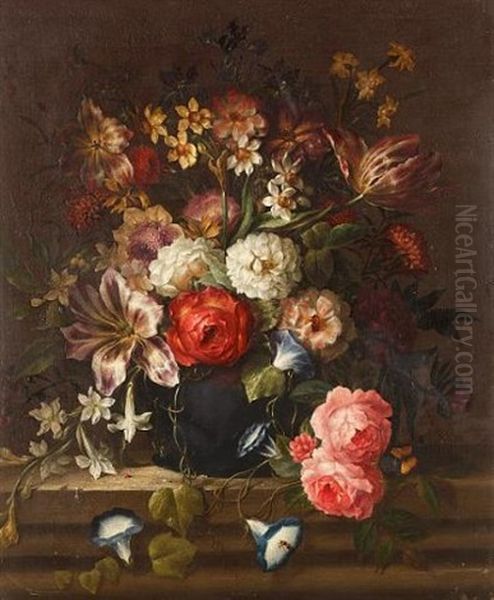 Tulips, Narcissi, Roses, Chrysanthemum, Morning Glory And Other Flowers In A Vase On A Stone Ledge by Jean-Baptiste Monnoyer