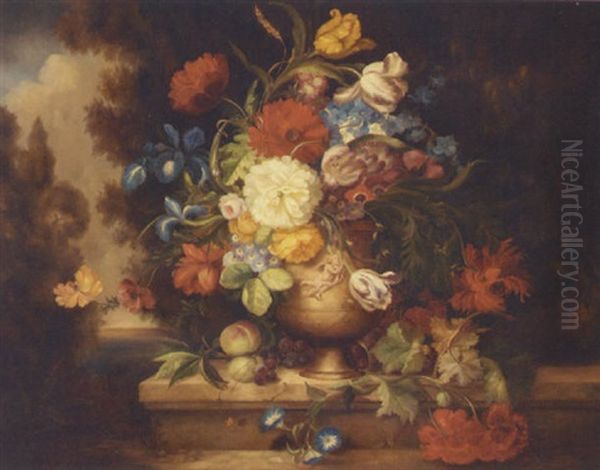 A Vase Of Mixed Flowers On A Ledge by Jean-Baptiste Monnoyer