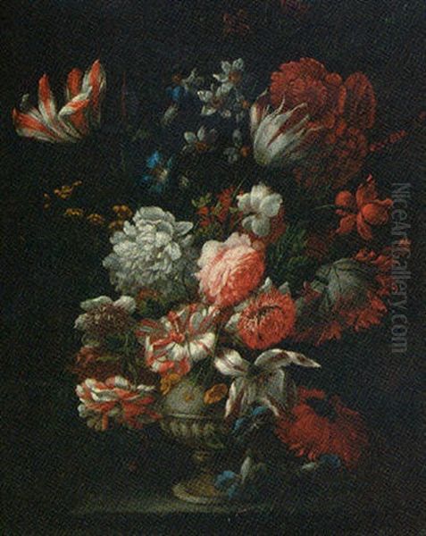 Carnations, Tulips, Narcissi, Morning Glory And Others Flowers In A Vase On A Ledge by Jean-Baptiste Monnoyer