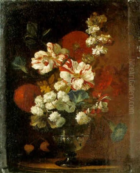 Bourbon Roses And Other Flowers In A Glass Vase On A Round Table by Jean-Baptiste Monnoyer