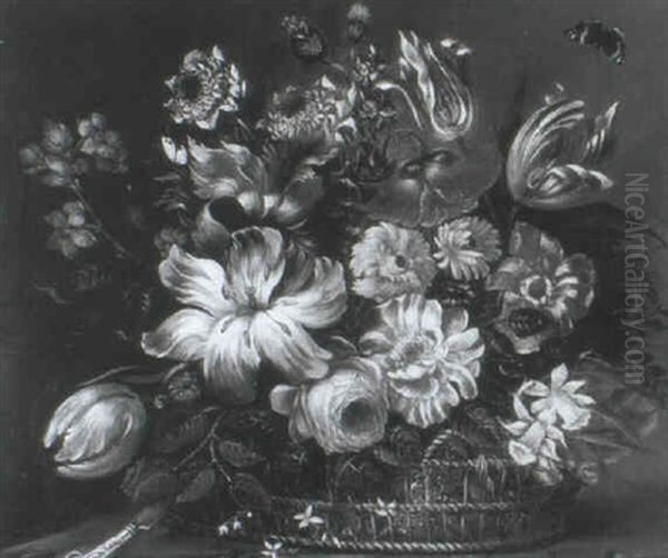 Tulips, Carnations, Daffodils And Other Flowers In A Basket On A Ledge With A Knife And A Red Admiral Butterfly by Jean-Baptiste Monnoyer