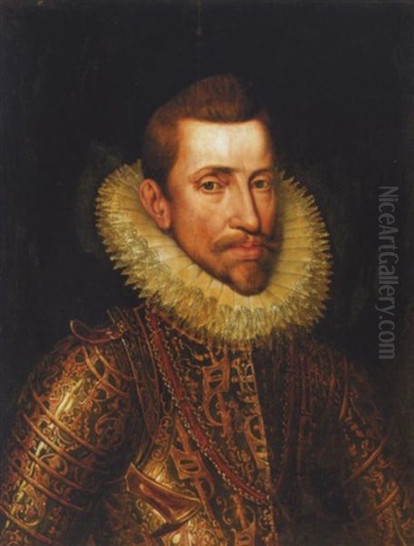 Portrait Of Philip Ii Of Spain Wearing An Elaborate Ceremonial Armour And A Ruff by Antonis Mor Van Dashorst