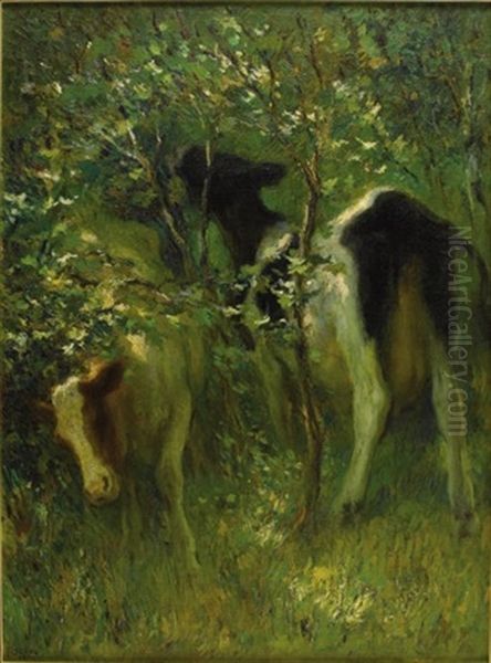 Two Cows In Flowering Bushes by Francis Luis Mora