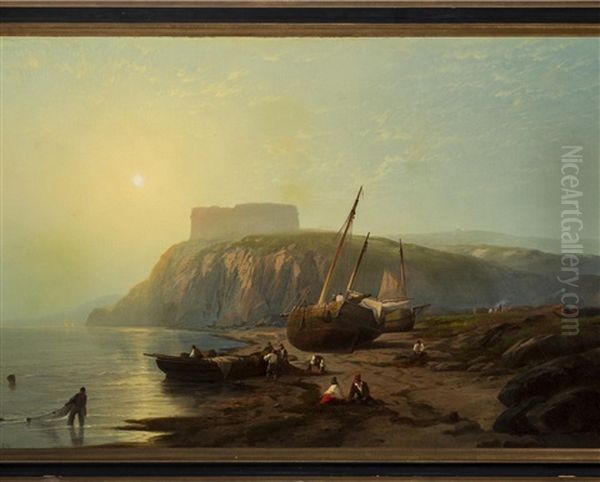 Fisherman On A Coast At Daybreak by Edward Moran