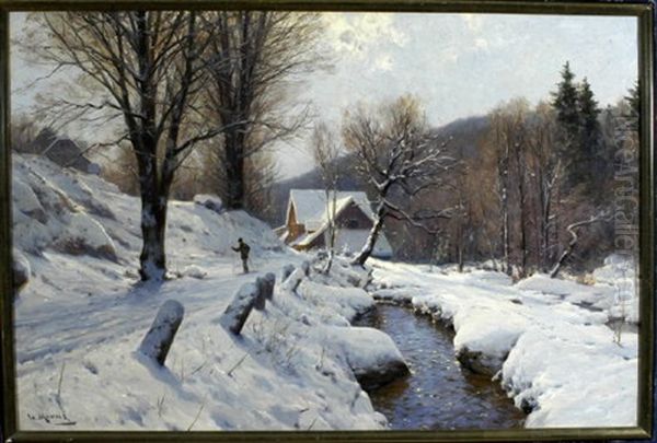 Sonniger Wintertag Mit Skilanglaufer Am Bachlauf, Im Hintergrund Die Dacher Eines Dorfes by Walter Moras