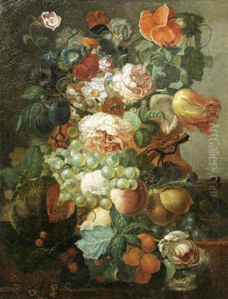 Roses, Tulips, Morning Glory, Iris And Other Flowers, With Grapes, Peaches And A Lemon On A Stone Ledge by Jan Evert Morel the Elder