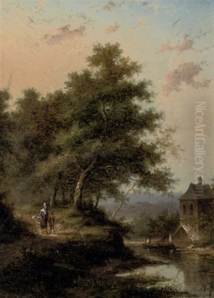 A Forest Landscape With A River And Figures Walking Down A Path by Jan Evert Morel the Younger