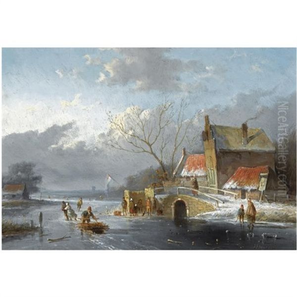 Figures On The Ice Near A Koek En Zopie by Jan Evert Morel the Younger