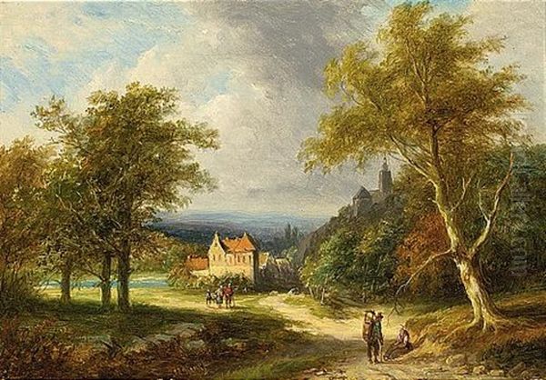 Travellers In A Summer Landscape, A Village In The Distance by Jan Evert Morel the Younger