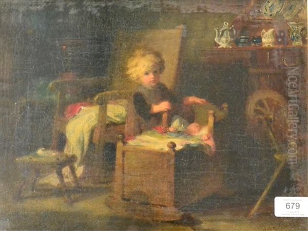 Interior Scene With A Young Child Beside A Baby's Cot by John Morgan