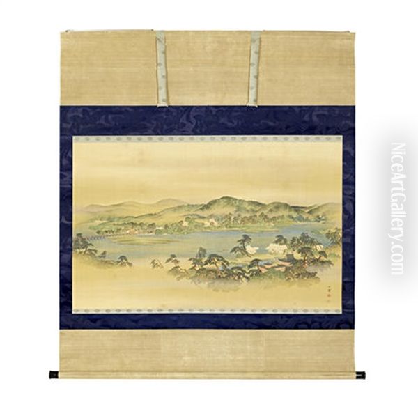 Depicting A Panoramic View Of Uji, Near Kyoto, Showing Hoo-do (phoenix Hall) Set Within The Precincts Of Byodo-in, On The Far Right Corner By The Uji River, With Travellers Crossing The Bridge On The The Far Left And Undulating Hillocks In The Distance by Ippo Mori