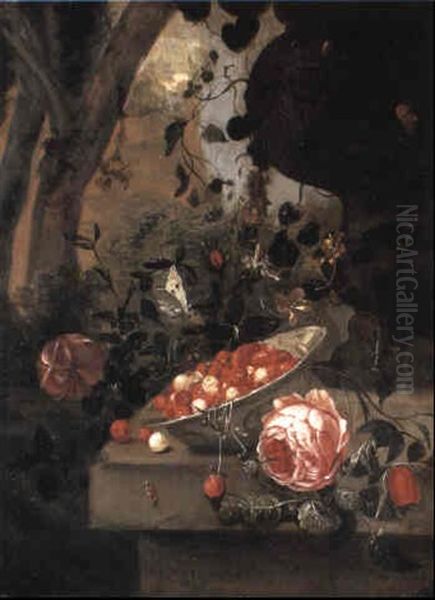 Still Life Of Strawberries And Roses In Bowl by Jan Mortel