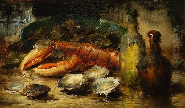 Still Life With A Lobster, Shellfish And Wine Bottles Oil Painting - Frans Mortelmans