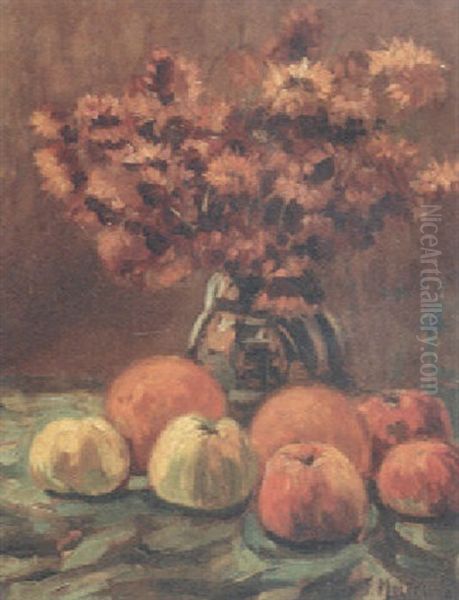 Flowers In A Vase With Apples On A Table by Frans Mortelmans