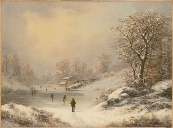 Figures Skating In A Snow-filled Landscape by Joseph Morviller