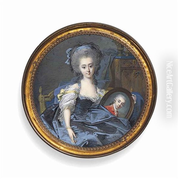 A Young Lady, Seated And Holding An Oval Portrait Of A Gentleman In Red Coat, Wearing A Blue Dress And A Lace-trimmed Chemise, With Piled And... by Jean Laurent Mosnier