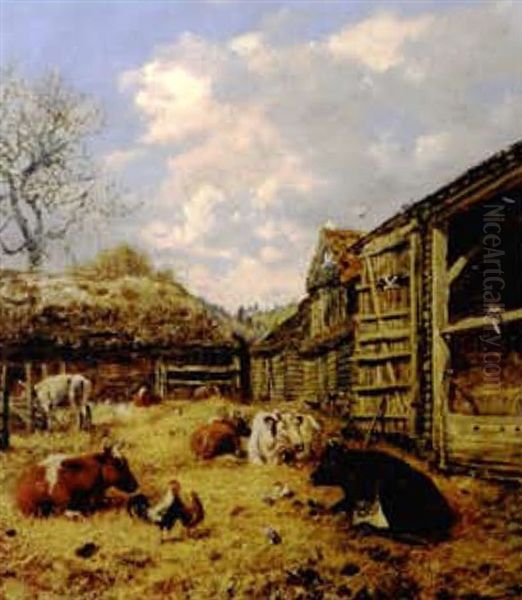 Farmyard Scene With Cattle And Chickens by George William Mote