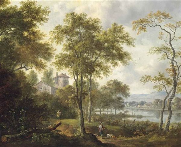 A Wooded River Landscape With A Hunter On A Track, A Villa And Mountains Beyond by Frederick De Moucheron