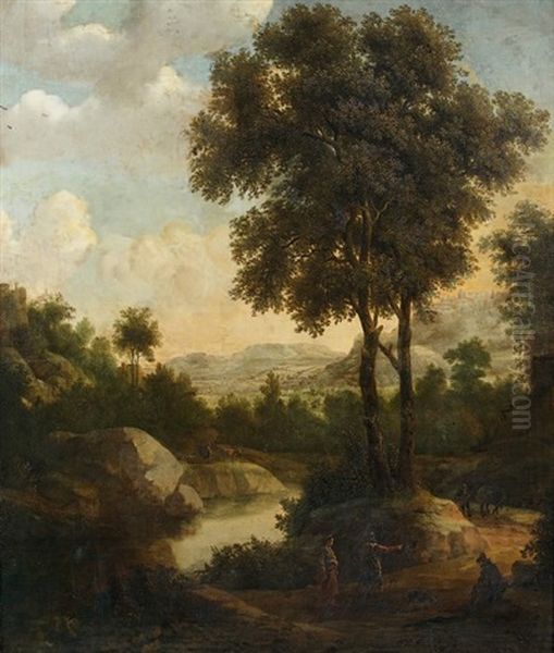 Paysage De Campagne A La Riviere Avec Des Villageois En Chemin by Frederick De Moucheron