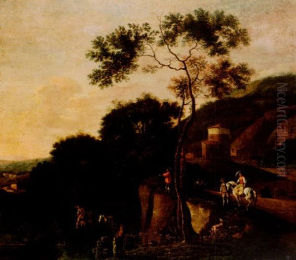 Elegant Figures By A River With A Turreted Building Beyond by Frederick De Moucheron