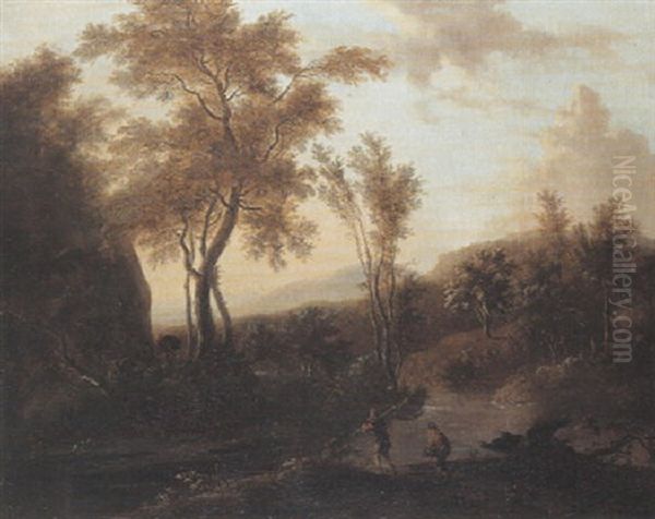 Paysage De Riviere Avec Deux Pecheurs by Frederick De Moucheron