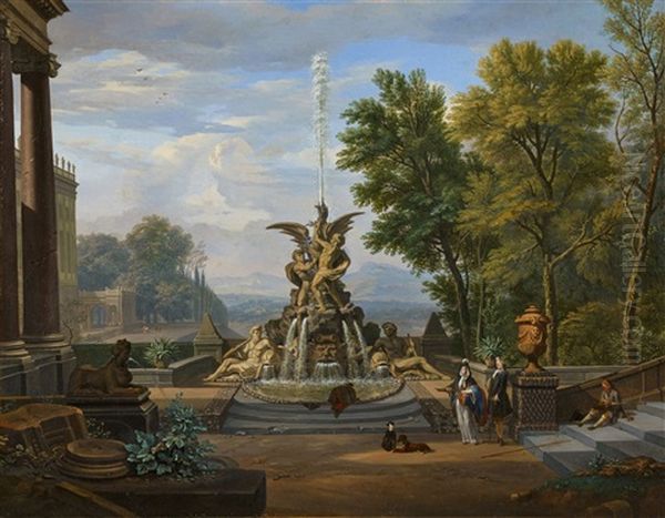 Southern Park Landscape With A Fountain And Courting Couple by Isaac de Moucheron