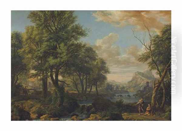 A River Landscape With Figures Resting On A Wooded Path by Isaac de Moucheron