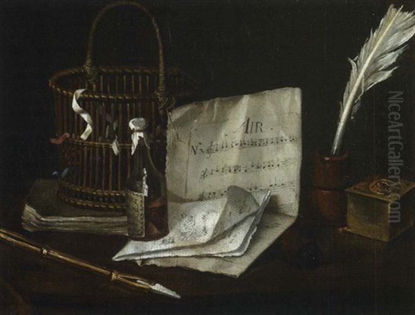 Nauture Morte A La Tasse De Porcelaine (+ Nature Morte Au Panier D'osier Et Partition De Musique; Pair) by Etienne Moulinneuf